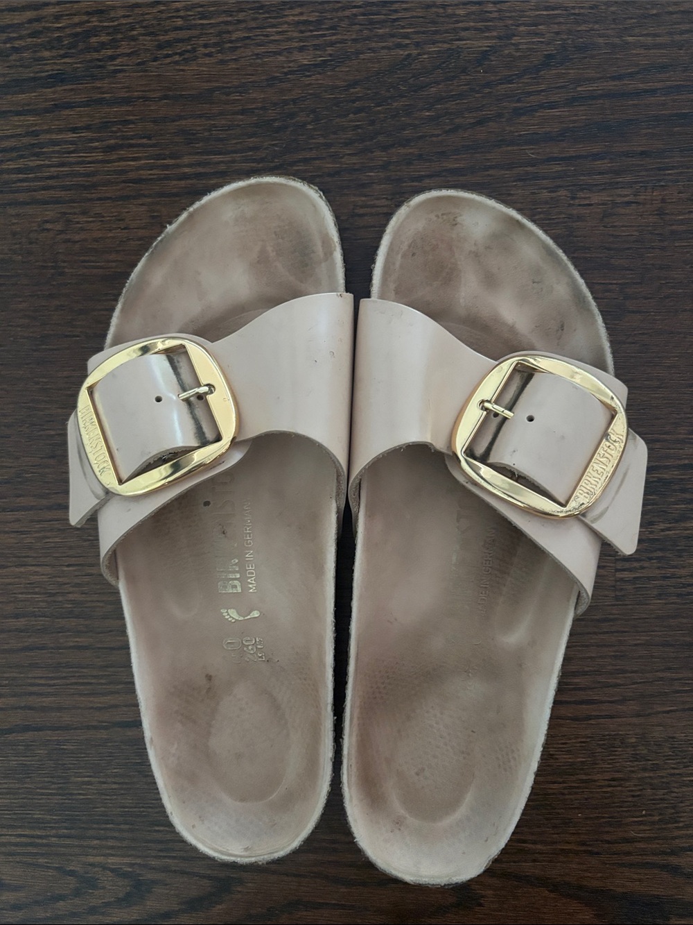 Birkenstock Single-Buckle Slide Sandals in Blush with Gold Buckles